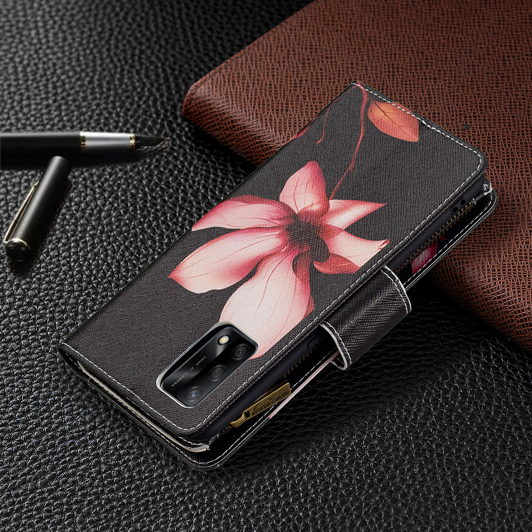 BF03 Zippered Wallet Design Pattern Printing Leather Stand Phone Cover with Wrist Strap for Oppo A74 4G/F19 4G