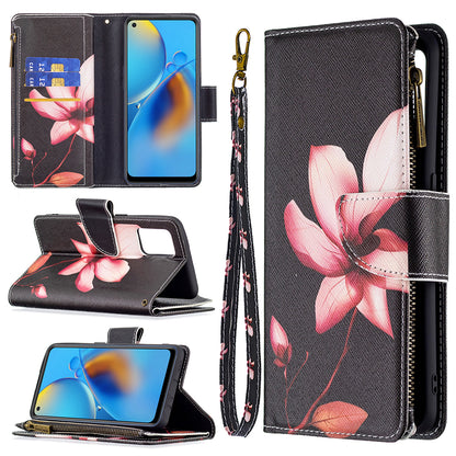 BF03 Zippered Wallet Design Pattern Printing Leather Stand Phone Cover with Wrist Strap for Oppo A74 4G/F19 4G