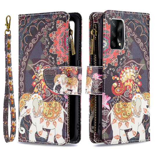 BF03 Zippered Wallet Design Pattern Printing Leather Stand Phone Cover with Wrist Strap for Oppo A74 4G/F19 4G