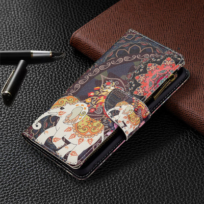 BF03 Zippered Wallet Design Pattern Printing Leather Stand Phone Cover with Wrist Strap for Oppo A74 4G/F19 4G