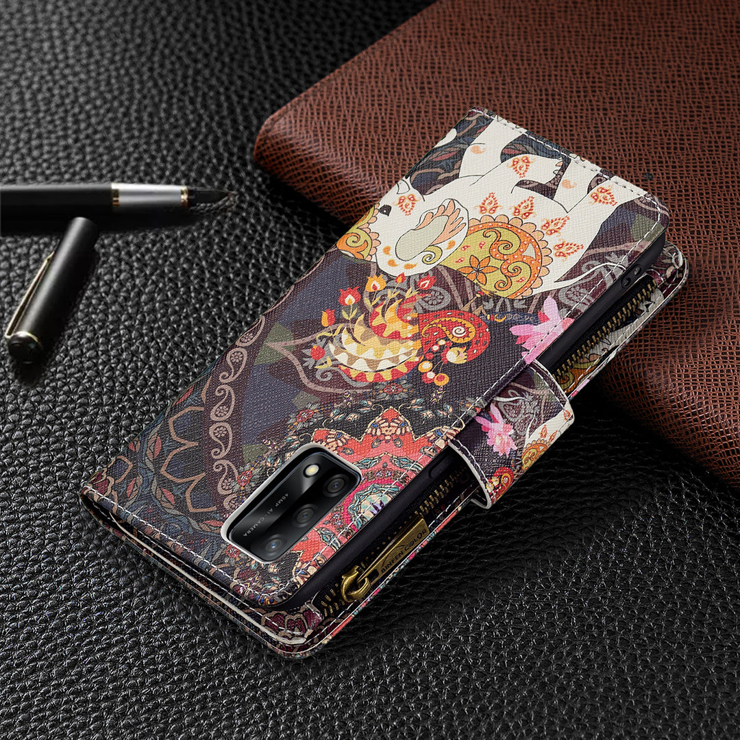 BF03 Zippered Wallet Design Pattern Printing Leather Stand Phone Cover with Wrist Strap for Oppo A74 4G/F19 4G