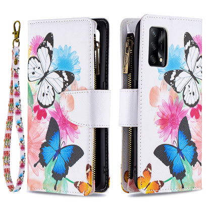 BF03 Zippered Wallet Design Pattern Printing Leather Stand Phone Cover with Wrist Strap for Oppo A74 4G/F19 4G