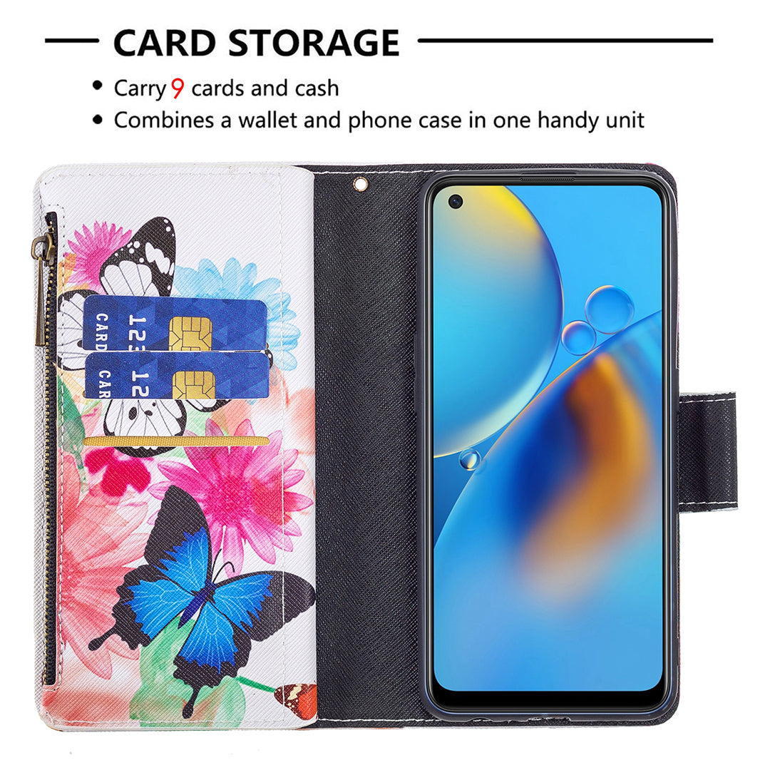 BF03 Zippered Wallet Design Pattern Printing Leather Stand Phone Cover with Wrist Strap for Oppo A74 4G/F19 4G