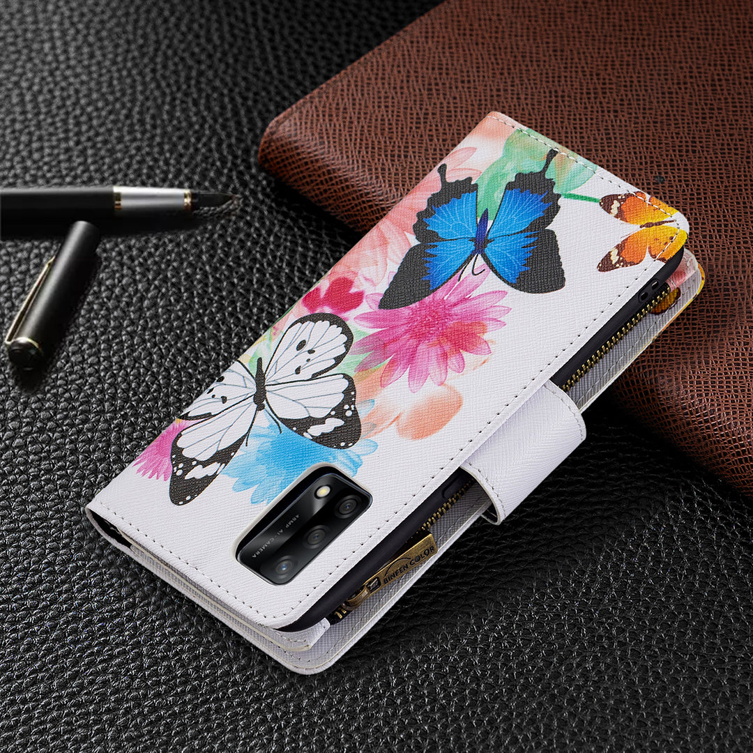 BF03 Zippered Wallet Design Pattern Printing Leather Stand Phone Cover with Wrist Strap for Oppo A74 4G/F19 4G