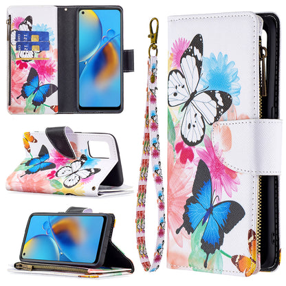 BF03 Zippered Wallet Design Pattern Printing Leather Stand Phone Cover with Wrist Strap for Oppo A74 4G/F19 4G