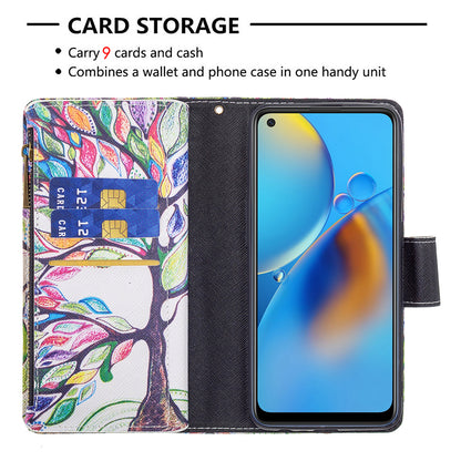 BF03 Zippered Wallet Design Pattern Printing Leather Stand Phone Cover with Wrist Strap for Oppo A74 4G/F19 4G