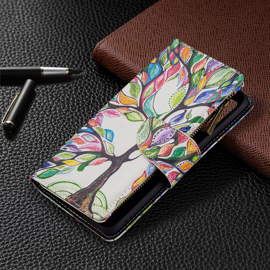 BF03 Zippered Wallet Design Pattern Printing Leather Stand Phone Cover with Wrist Strap for Oppo A74 4G/F19 4G