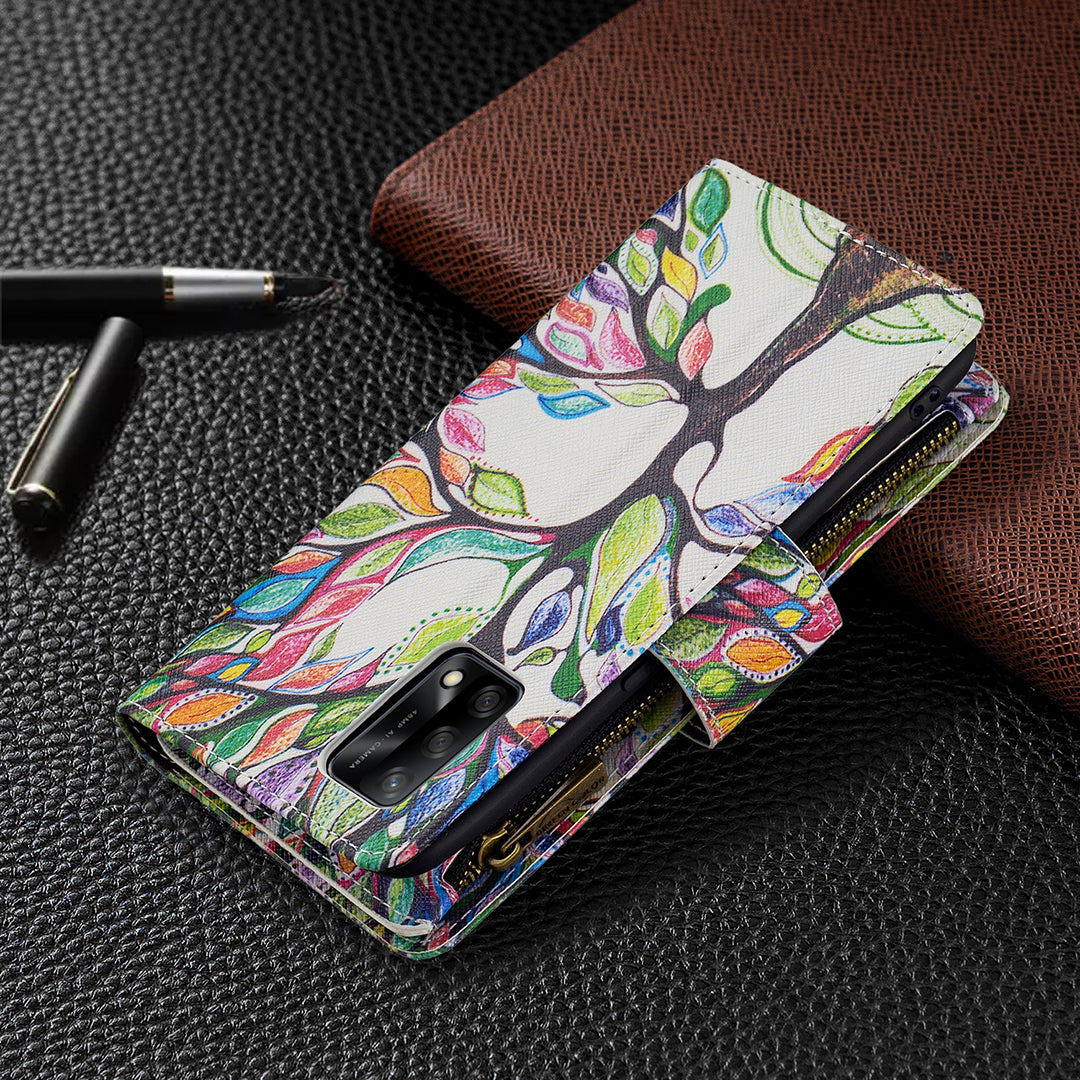 BF03 Zippered Wallet Design Pattern Printing Leather Stand Phone Cover with Wrist Strap for Oppo A74 4G/F19 4G