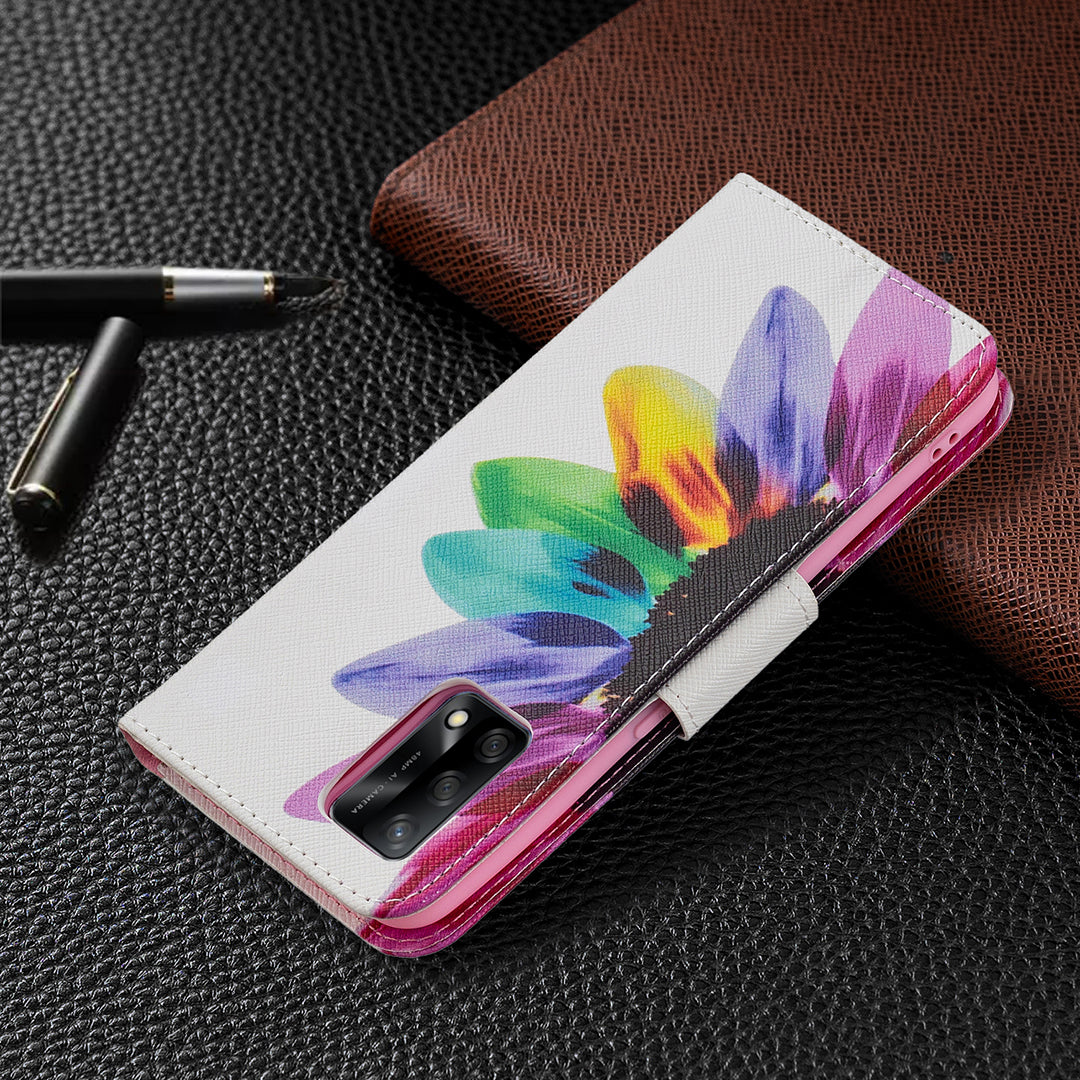 Pattern Printing Textured Leather Wallet Stand Case with Magnetic Clasp Closure for Oppo A74 4G/F19 4G