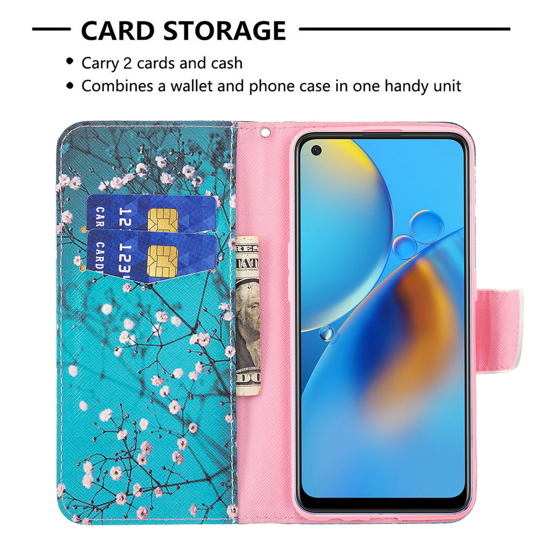 Pattern Printing Textured Leather Wallet Stand Case with Magnetic Clasp Closure for Oppo A74 4G/F19 4G