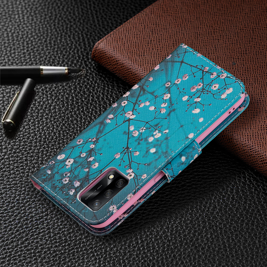 Pattern Printing Textured Leather Wallet Stand Case with Magnetic Clasp Closure for Oppo A74 4G/F19 4G