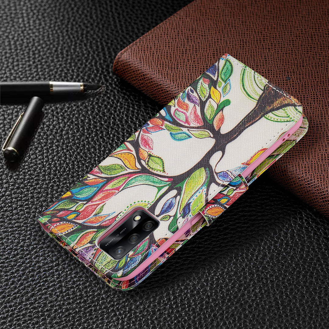 Pattern Printing Textured Leather Wallet Stand Case with Magnetic Clasp Closure for Oppo A74 4G/F19 4G