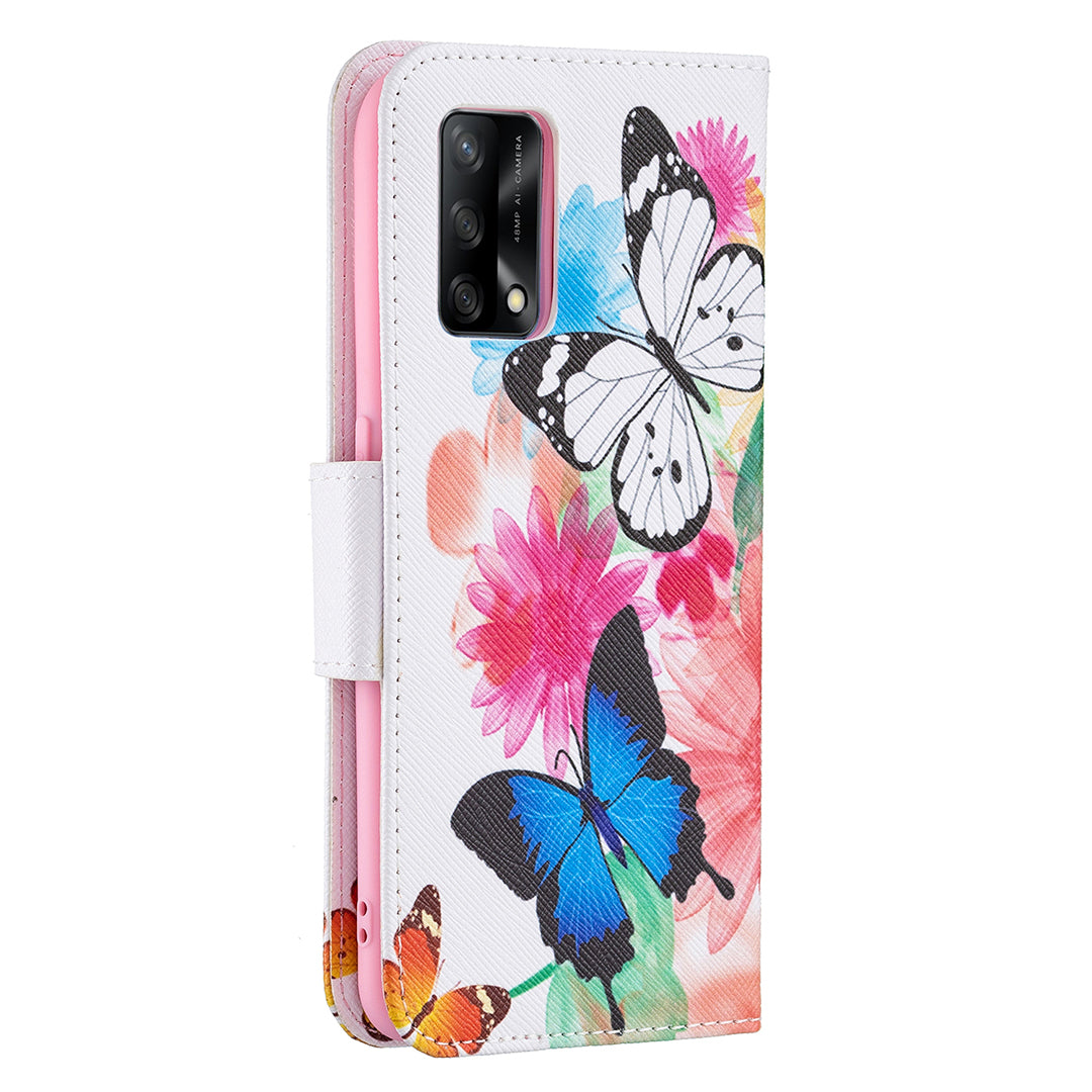 Pattern Printing Textured Leather Wallet Stand Case with Magnetic Clasp Closure for Oppo A74 4G/F19 4G