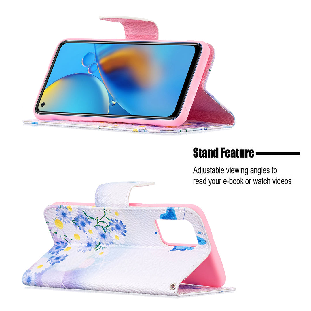 Pattern Printing Textured Leather Wallet Stand Case with Magnetic Clasp Closure for Oppo A74 4G/F19 4G