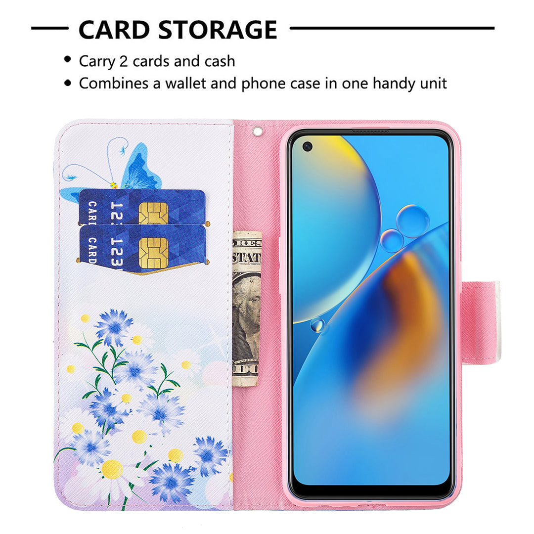 Pattern Printing Textured Leather Wallet Stand Case with Magnetic Clasp Closure for Oppo A74 4G/F19 4G