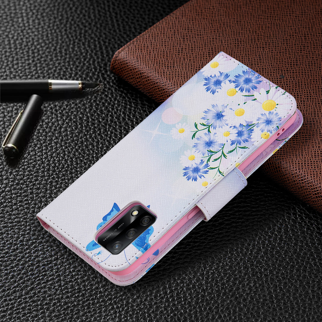 Pattern Printing Textured Leather Wallet Stand Case with Magnetic Clasp Closure for Oppo A74 4G/F19 4G