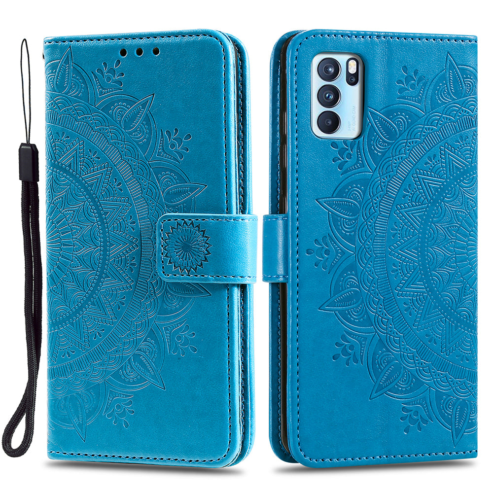 PU Leather Imprinted Mandala Pattern Wallet Stand Case with Strap for Oppo Reno6 Pro 5G (MediaTek)