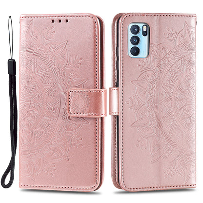 PU Leather Imprinted Mandala Pattern Wallet Stand Case with Strap for Oppo Reno6 Pro 5G (MediaTek)