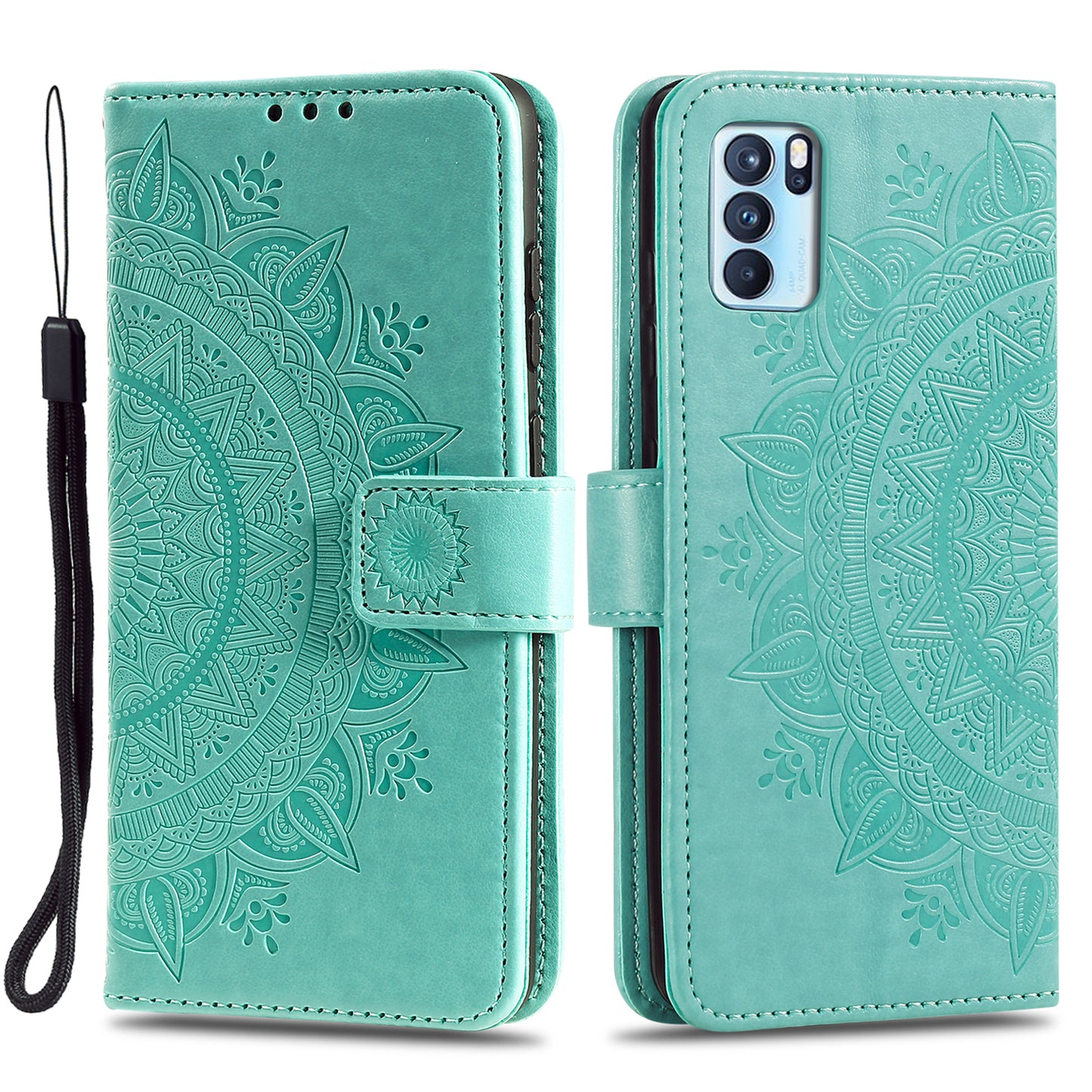 PU Leather Imprinted Mandala Pattern Wallet Stand Case with Strap for Oppo Reno6 Pro 5G (MediaTek)