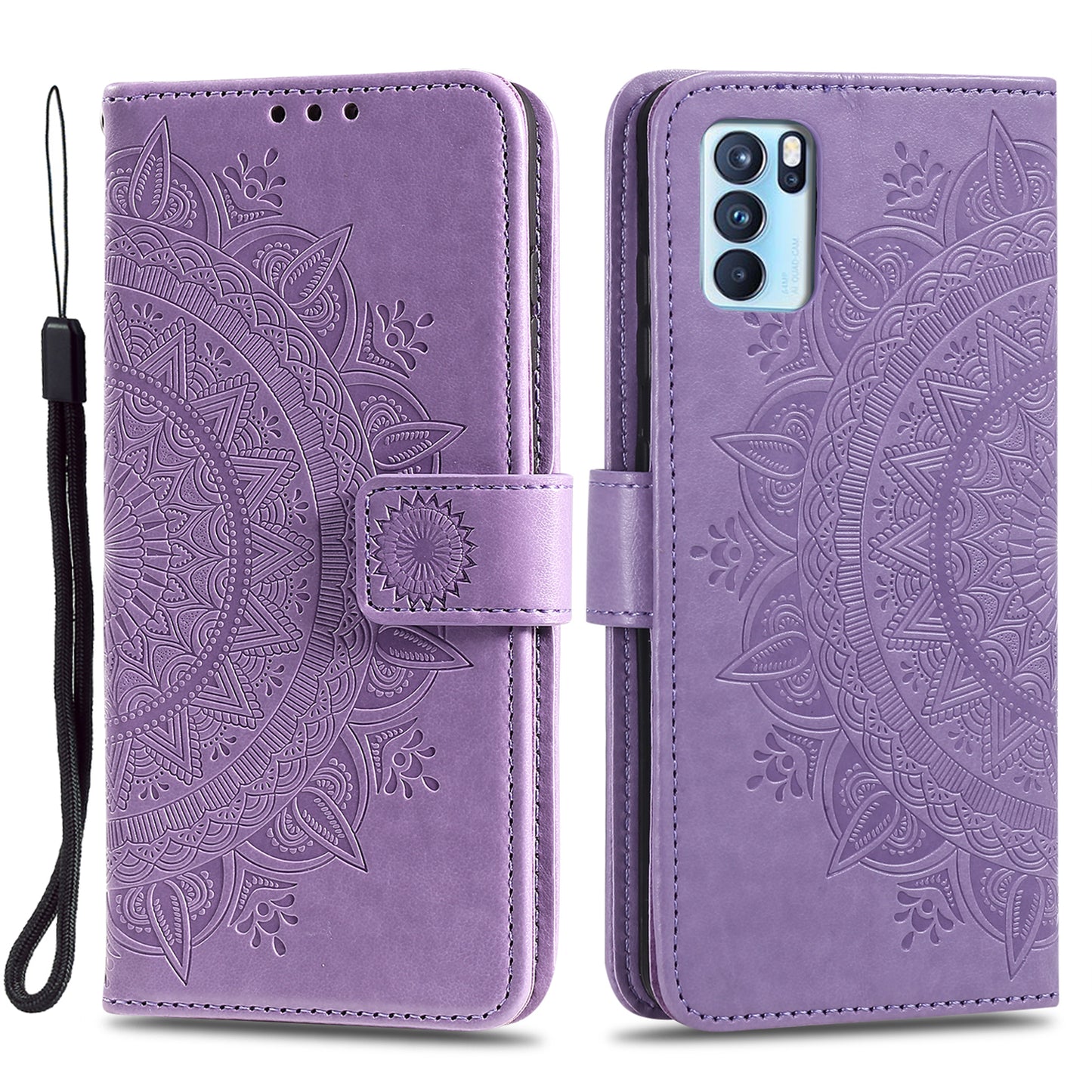 PU Leather Imprinted Mandala Pattern Wallet Stand Case with Strap for Oppo Reno6 Pro 5G (MediaTek)