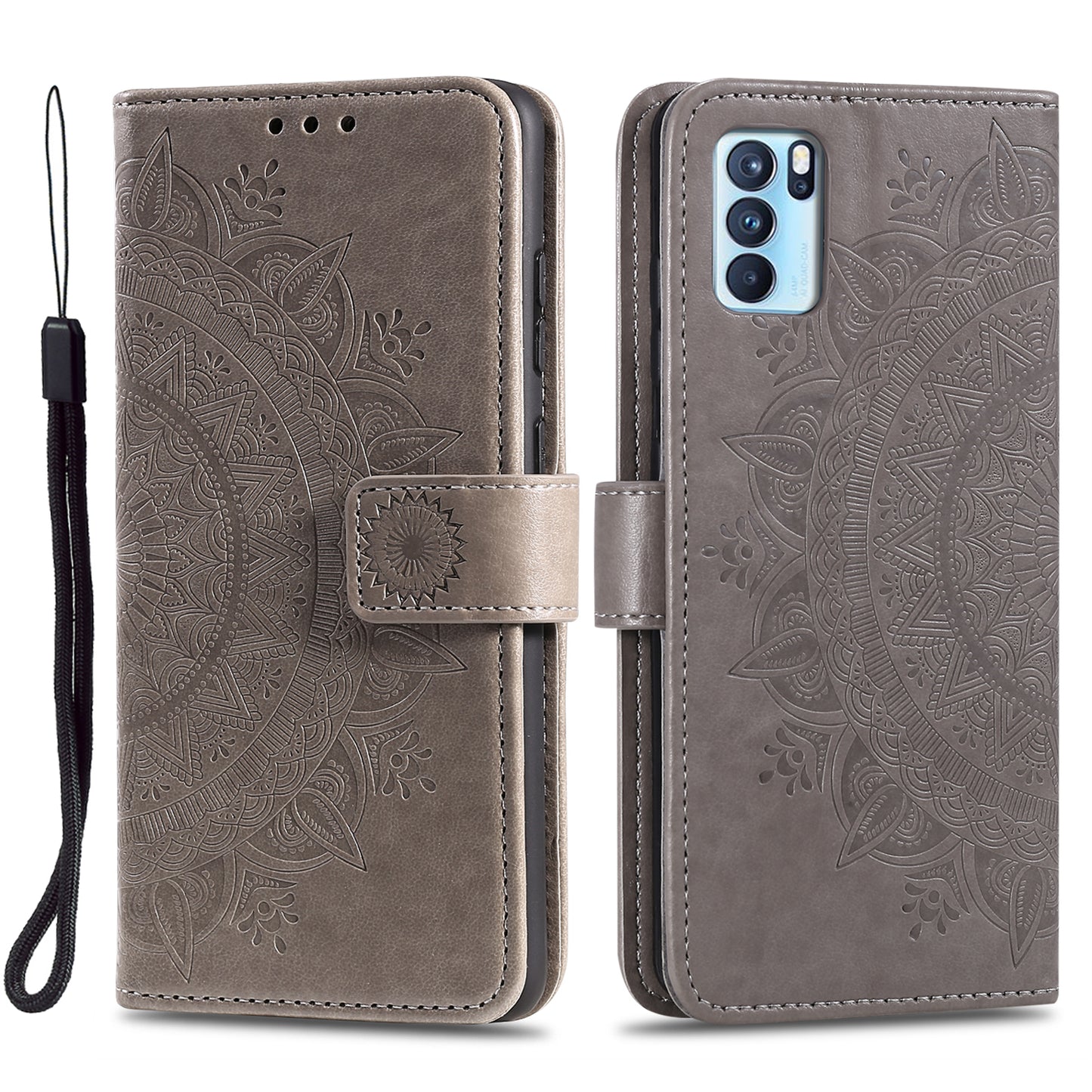 PU Leather Imprinted Mandala Pattern Wallet Stand Case with Strap for Oppo Reno6 Pro 5G (MediaTek)