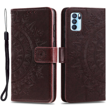 PU Leather Imprinted Mandala Pattern Wallet Stand Case with Strap for Oppo Reno6 Pro 5G (MediaTek)