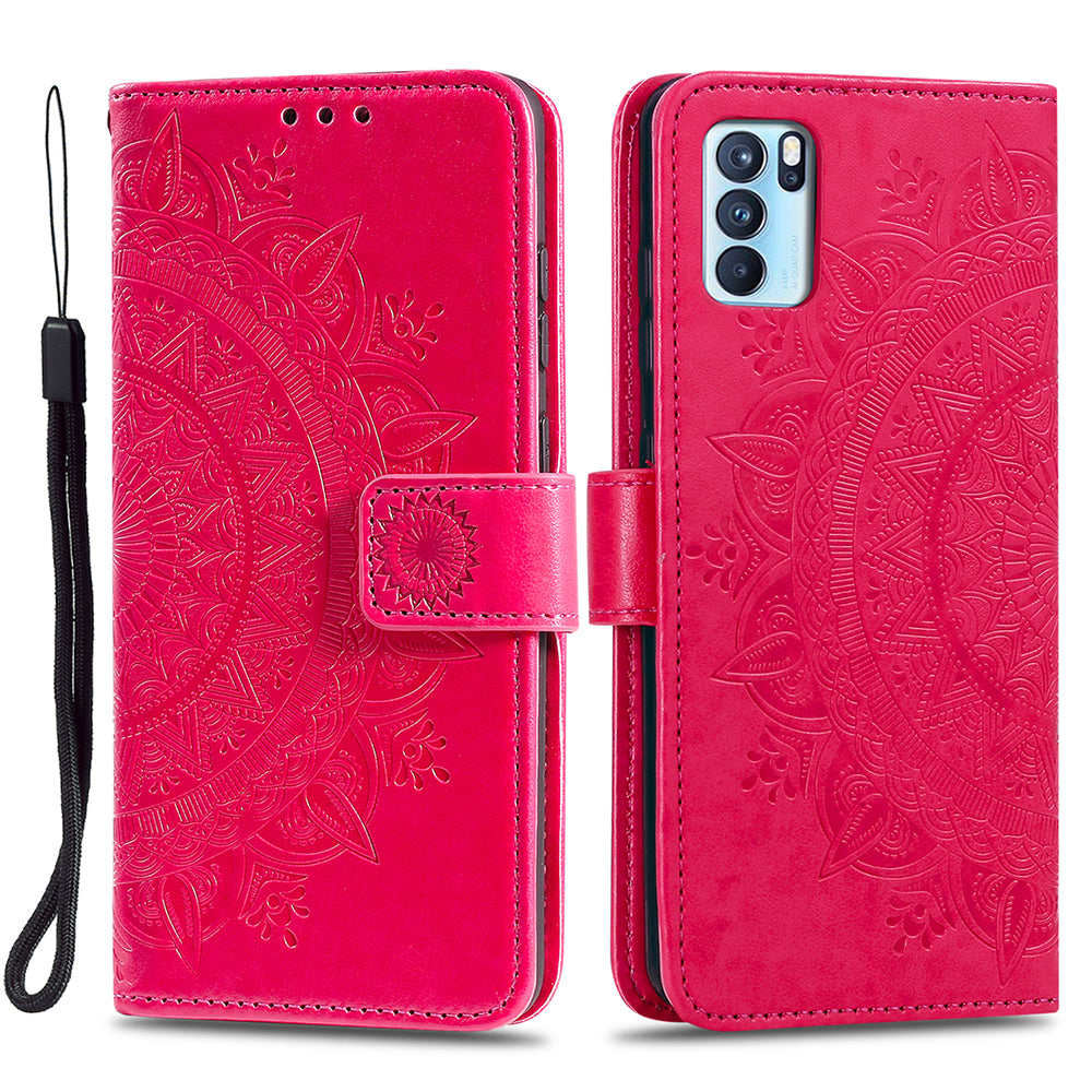 PU Leather Imprinted Mandala Pattern Wallet Stand Case with Strap for Oppo Reno6 Pro 5G (MediaTek)