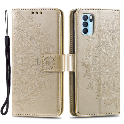 PU Leather Imprinted Mandala Pattern Wallet Stand Case with Strap for Oppo Reno6 Pro 5G (MediaTek)