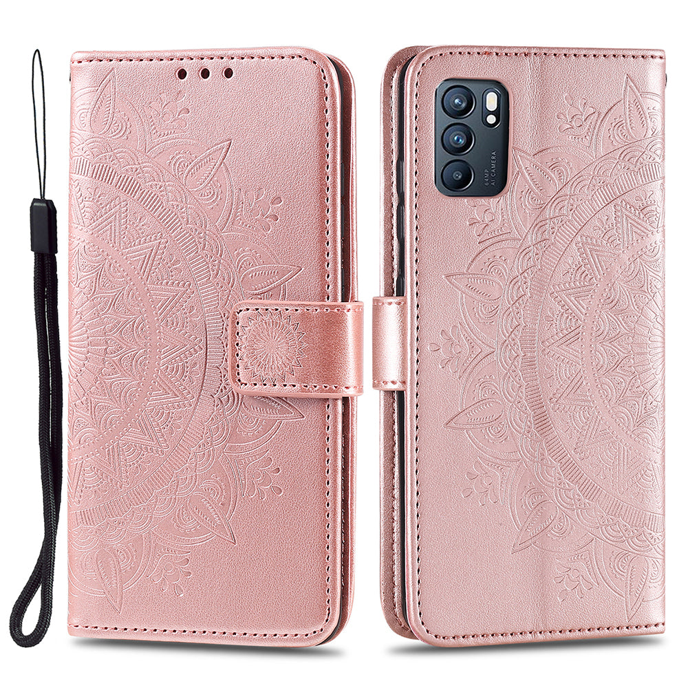 Phone Case Cover PU Leather Imprinted Mandala Pattern Wallet Stand Case for Oppo Reno6 5G