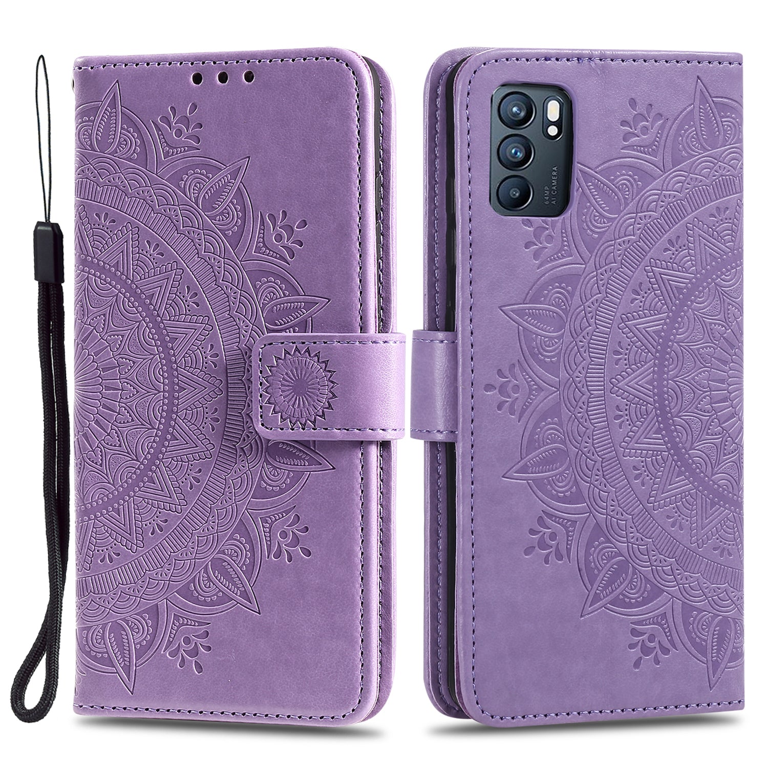 Phone Case Cover PU Leather Imprinted Mandala Pattern Wallet Stand Case for Oppo Reno6 5G