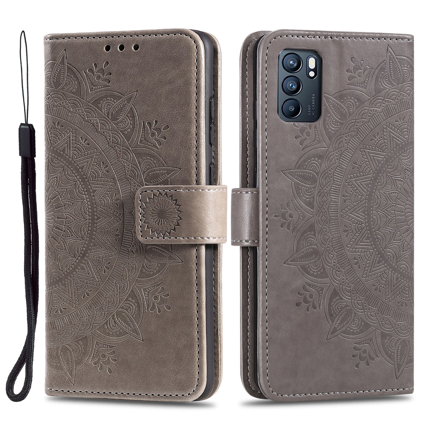 Phone Case Cover PU Leather Imprinted Mandala Pattern Wallet Stand Case for Oppo Reno6 5G