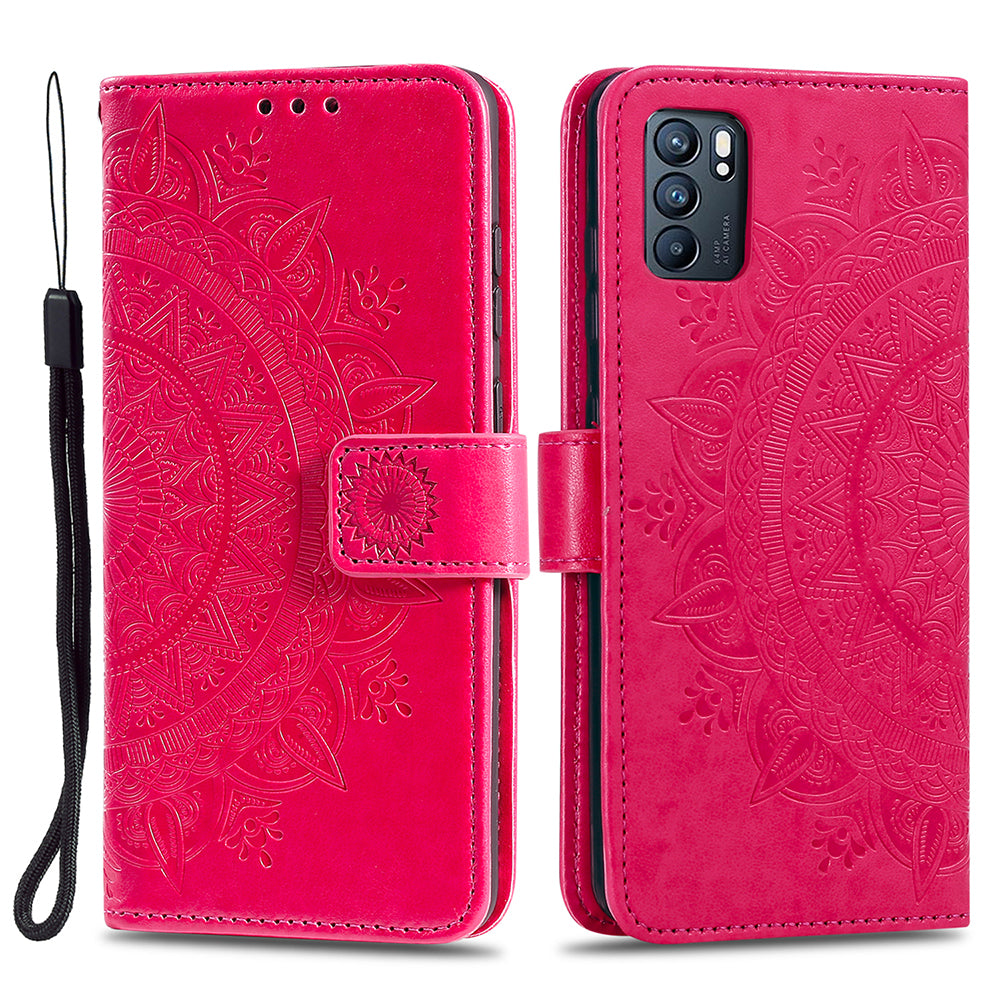 Phone Case Cover PU Leather Imprinted Mandala Pattern Wallet Stand Case for Oppo Reno6 5G