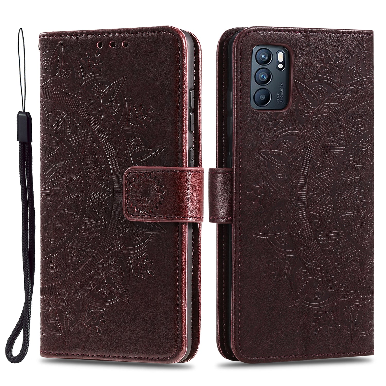 Phone Case Cover PU Leather Imprinted Mandala Pattern Wallet Stand Case for Oppo Reno6 5G