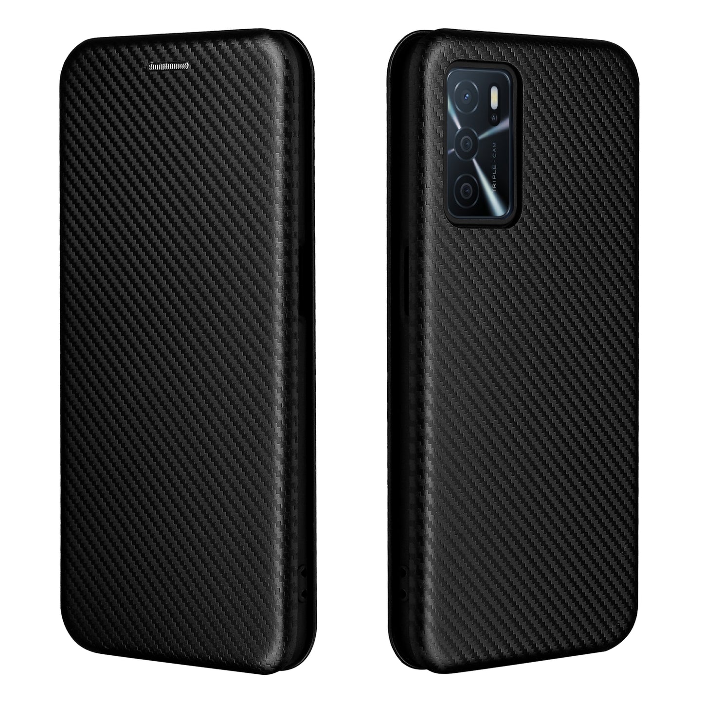 Magnetic Carbon Fiber Texture Design PU Leather Case with Card Slots and Ring Strap for Oppo A16/A16s/A54s