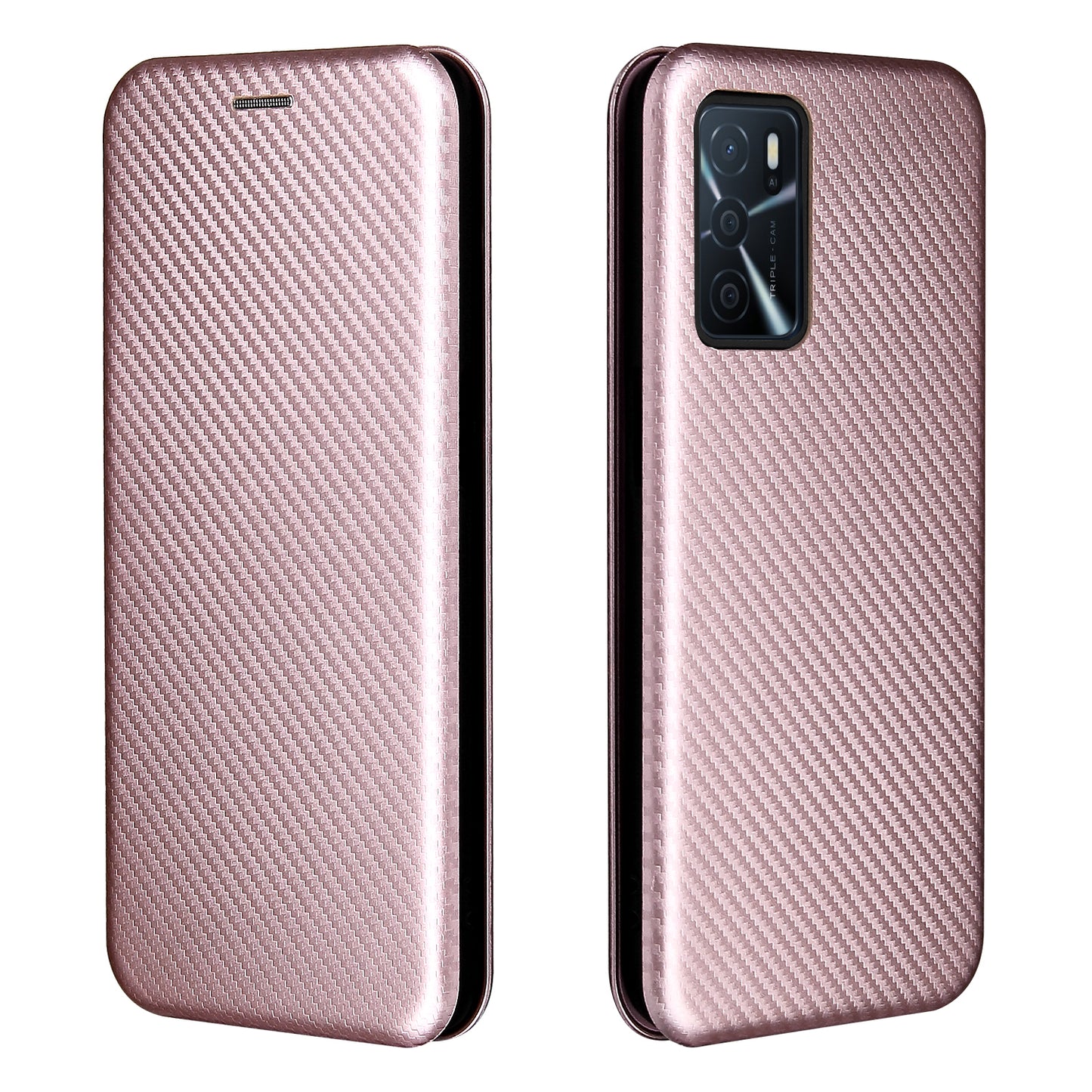 Magnetic Carbon Fiber Texture Design PU Leather Case with Card Slots and Ring Strap for Oppo A16/A16s/A54s