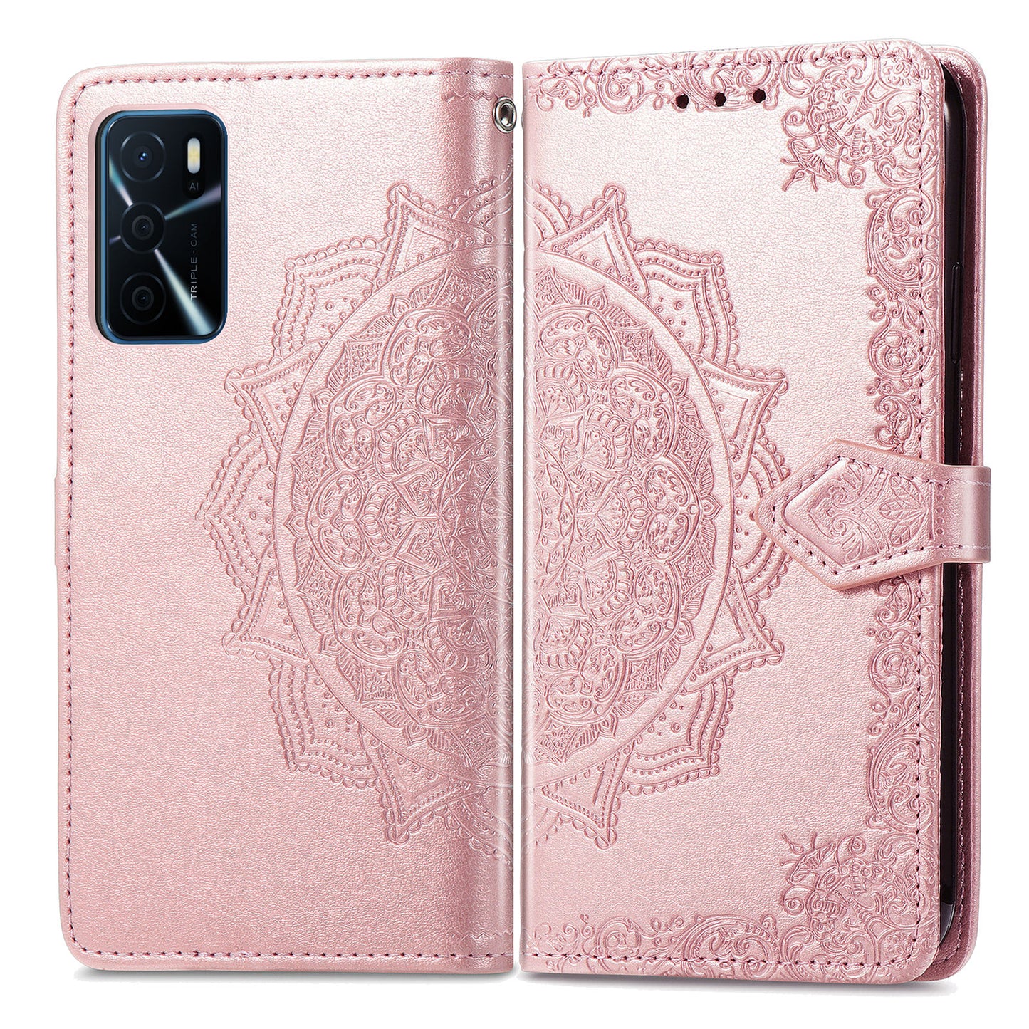 PU Leather Wallet Stand Phone Case with Embossed Mandala Flower for Oppo A16/A16s/A54s