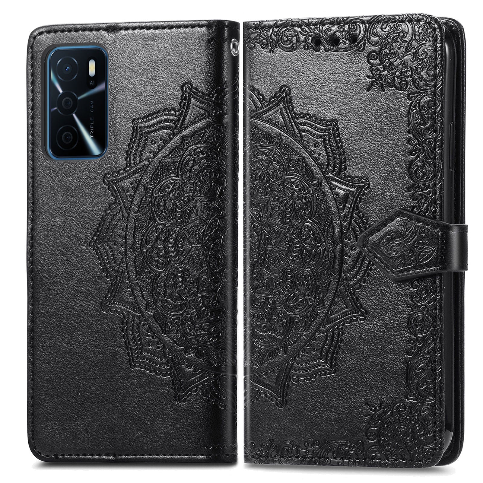 PU Leather Wallet Stand Phone Case with Embossed Mandala Flower for Oppo A16/A16s/A54s