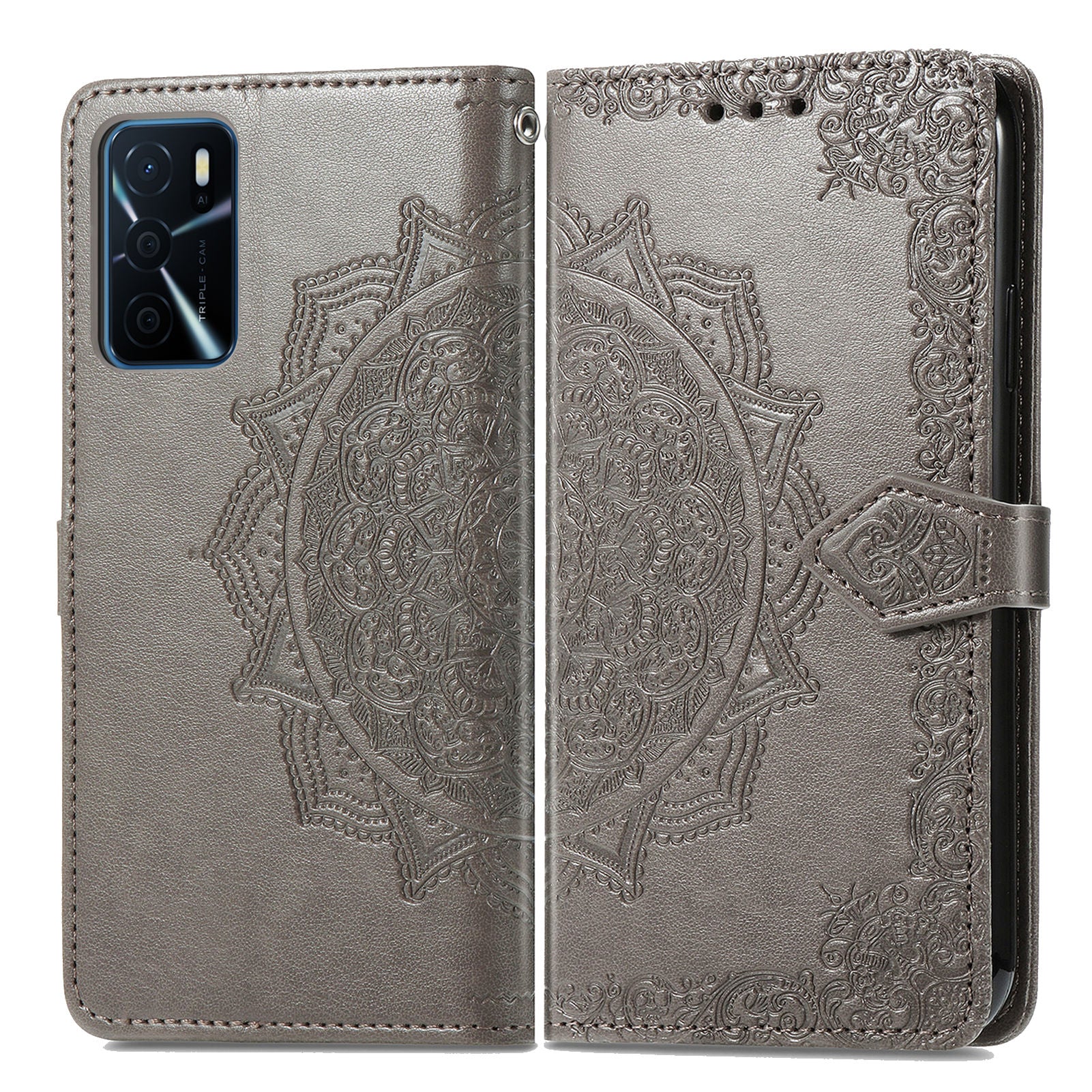 PU Leather Wallet Stand Phone Case with Embossed Mandala Flower for Oppo A16/A16s/A54s