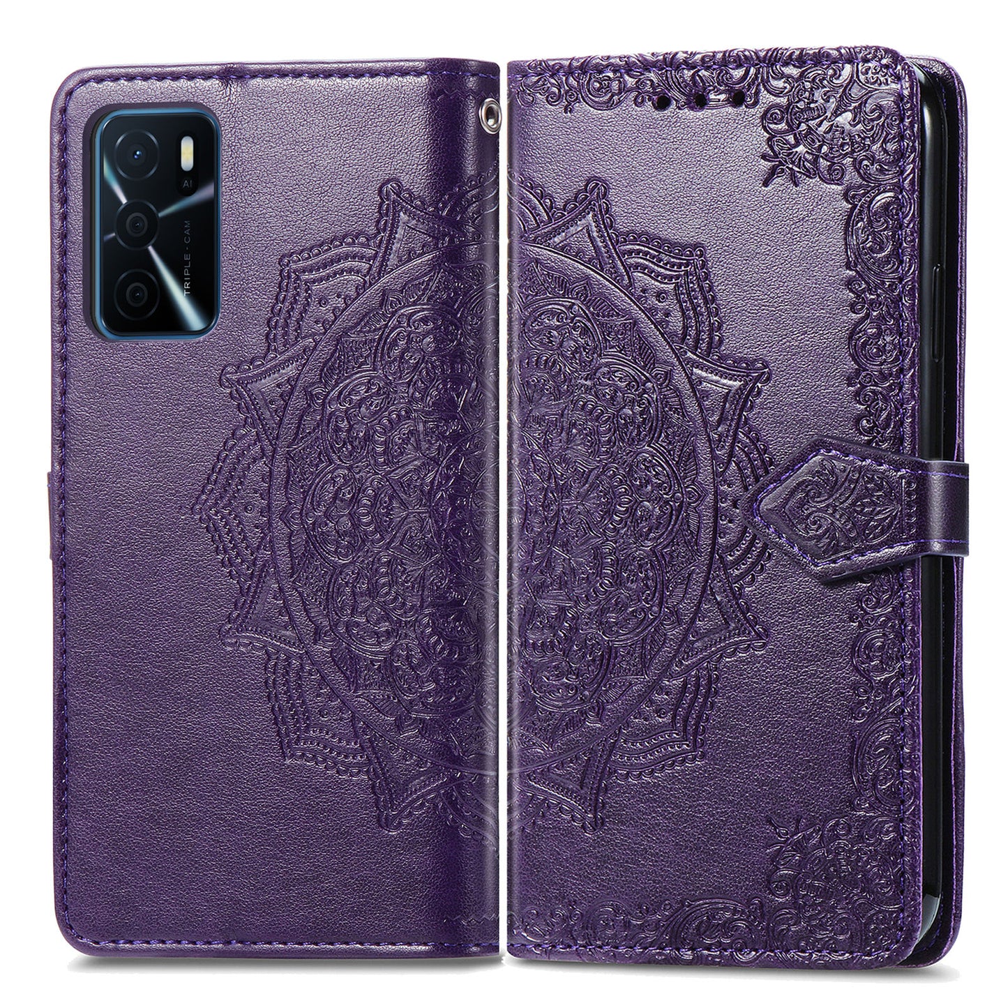 PU Leather Wallet Stand Phone Case with Embossed Mandala Flower for Oppo A16/A16s/A54s