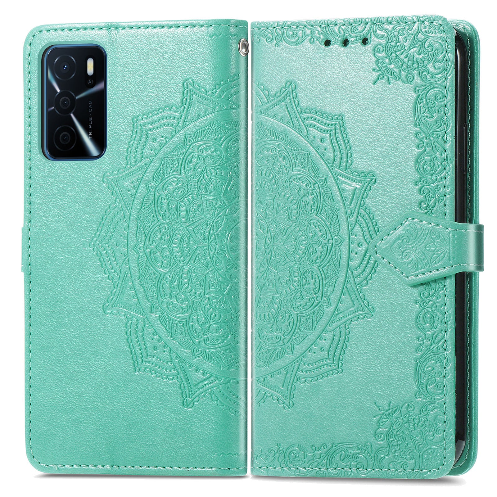 PU Leather Wallet Stand Phone Case with Embossed Mandala Flower for Oppo A16/A16s/A54s