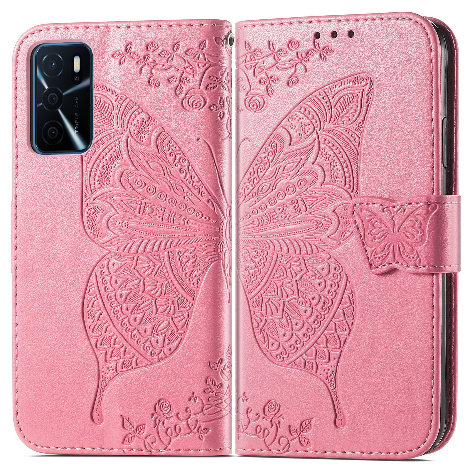 Big Butterfly Imprinting Protective Leather Wallet Cover with Strap for Oppo A16/A16s/A54s