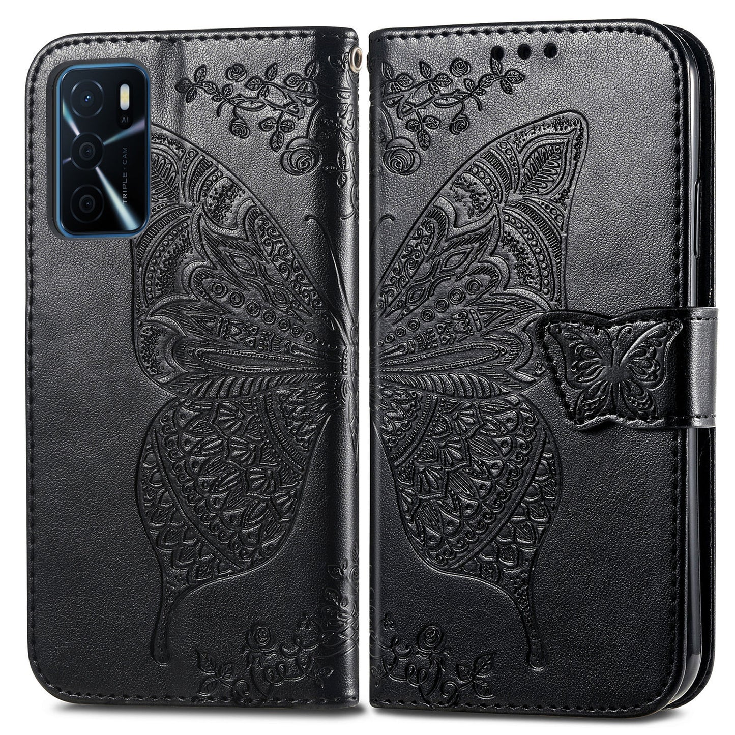 Big Butterfly Imprinting Protective Leather Wallet Cover with Strap for Oppo A16/A16s/A54s