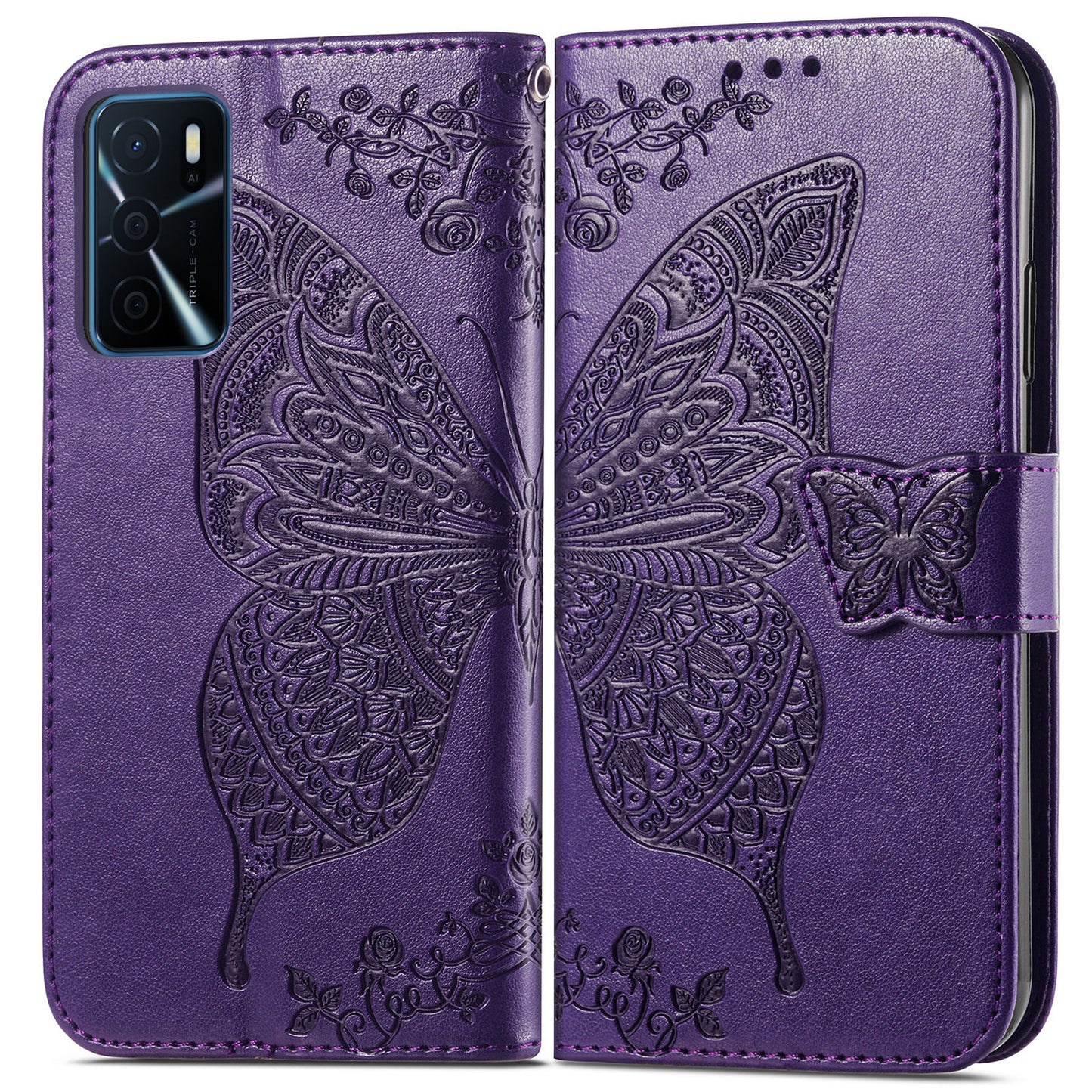 Big Butterfly Imprinting Protective Leather Wallet Cover with Strap for Oppo A16/A16s/A54s