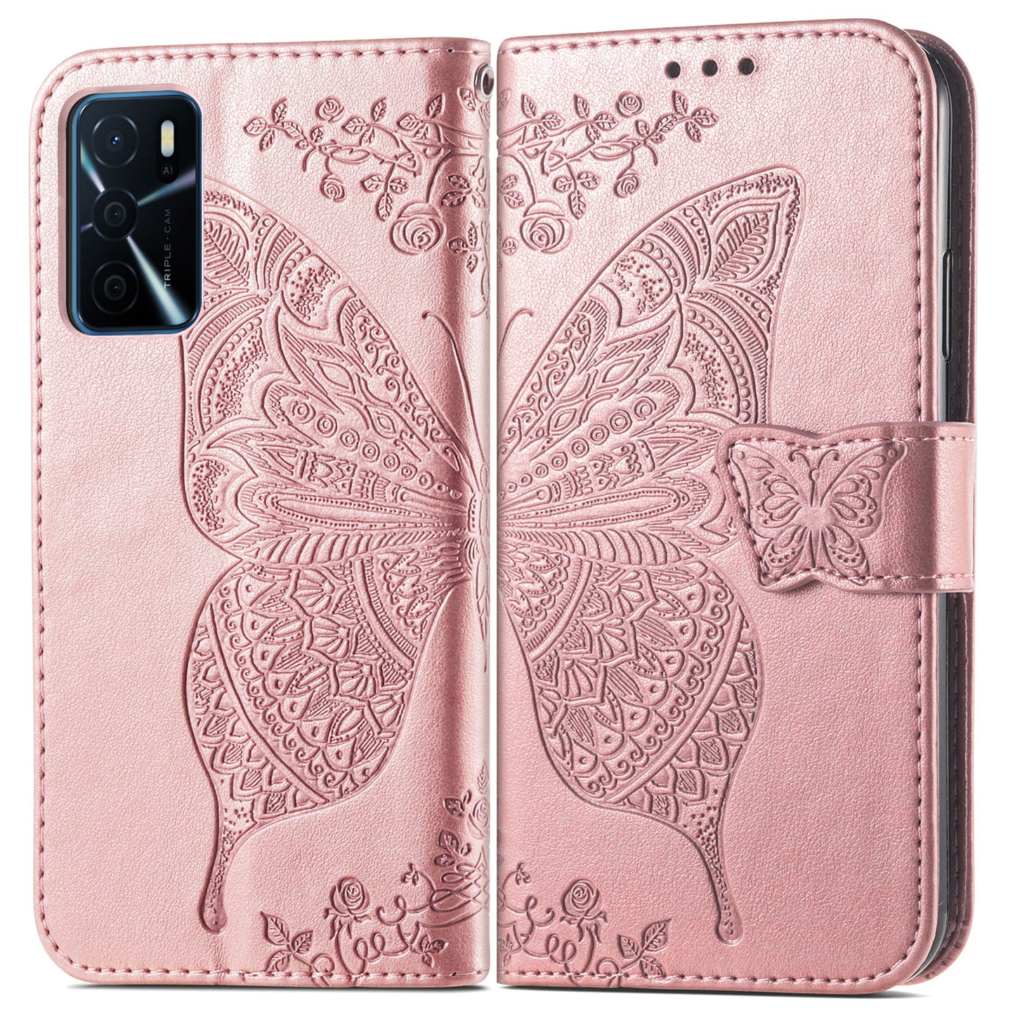 Big Butterfly Imprinting Protective Leather Wallet Cover with Strap for Oppo A16/A16s/A54s