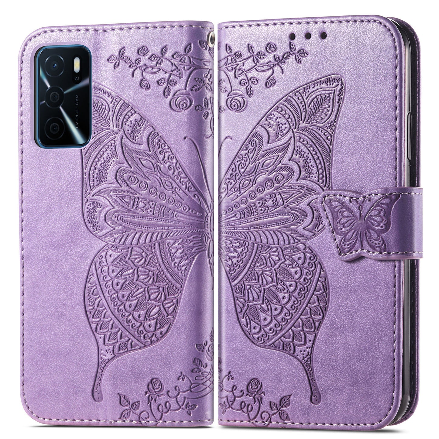 Big Butterfly Imprinting Protective Leather Wallet Cover with Strap for Oppo A16/A16s/A54s