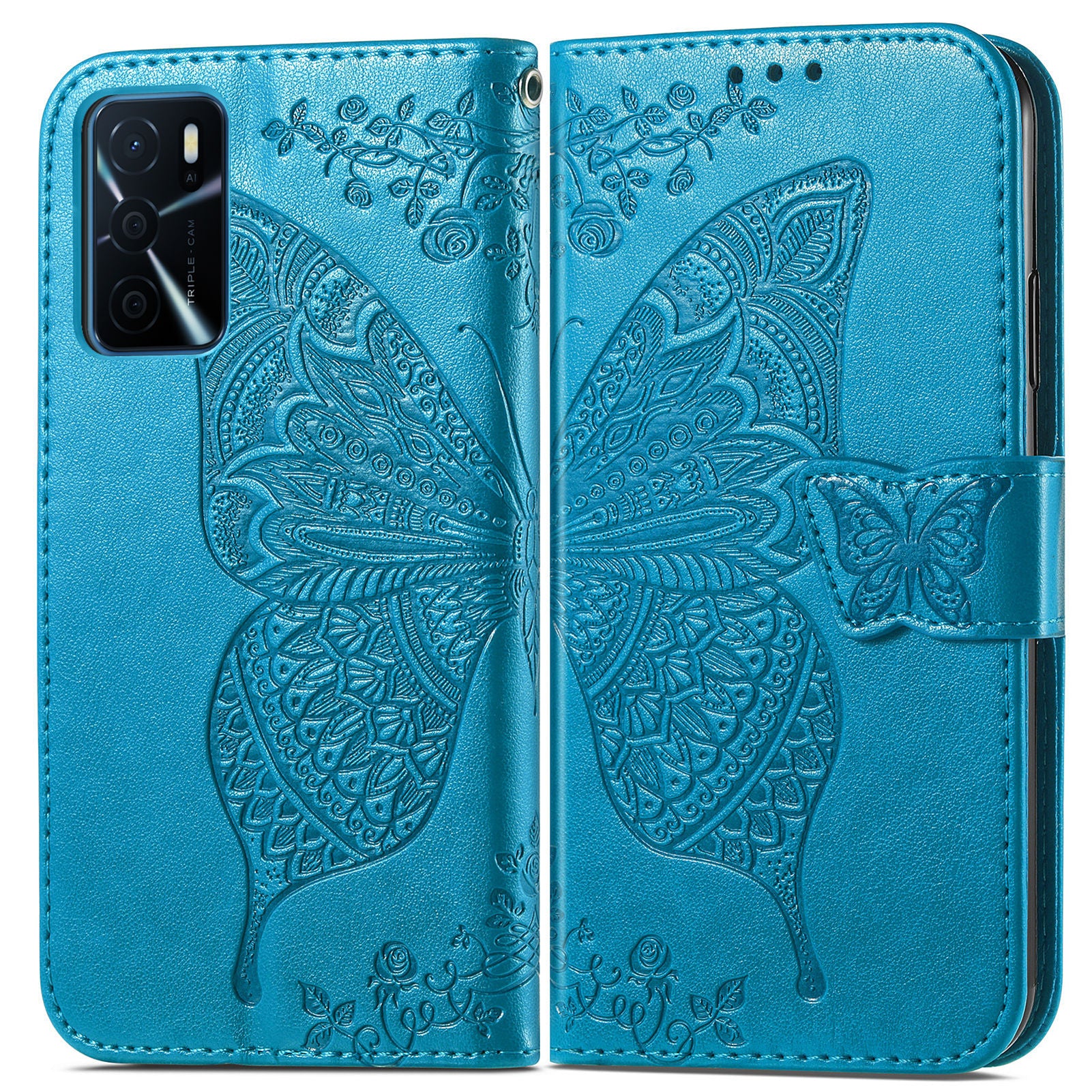 Big Butterfly Imprinting Protective Leather Wallet Cover with Strap for Oppo A16/A16s/A54s