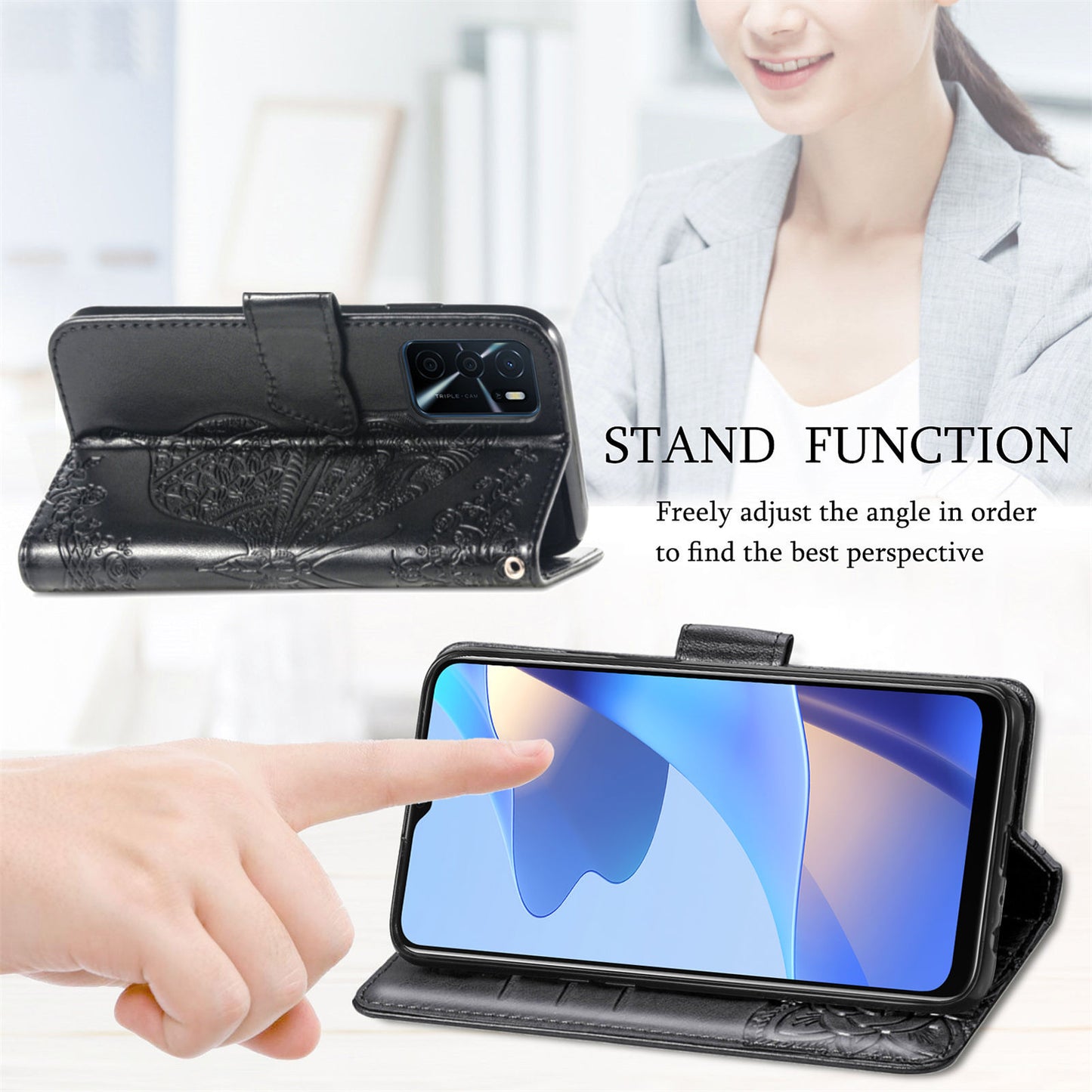 Big Butterfly Imprinting Protective Leather Wallet Cover with Strap for Oppo A16/A16s/A54s