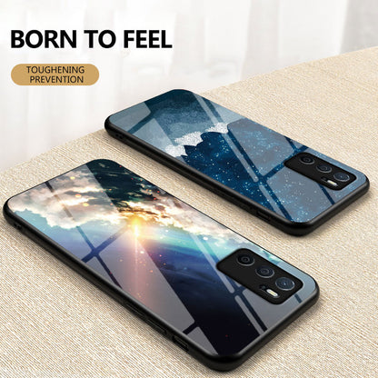 3D Sky Pattern Glitter Shockproof Tempered Glass Mirror Back Cover Protective Case for Oppo A16/A16s/A54s