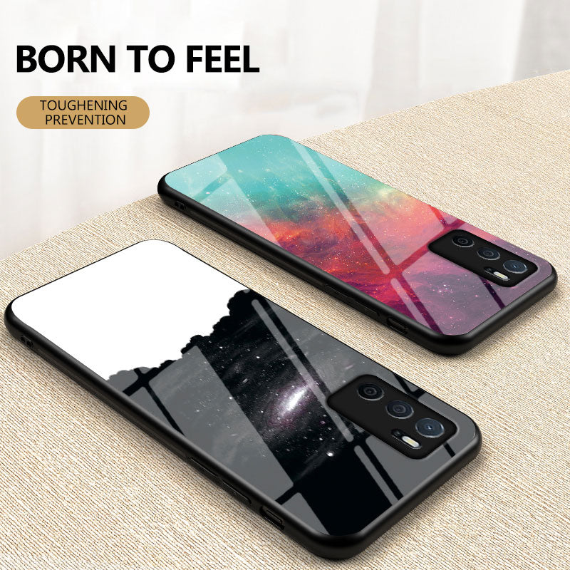 3D Sky Pattern Glitter Shockproof Tempered Glass Mirror Back Cover Protective Case for Oppo A16/A16s/A54s