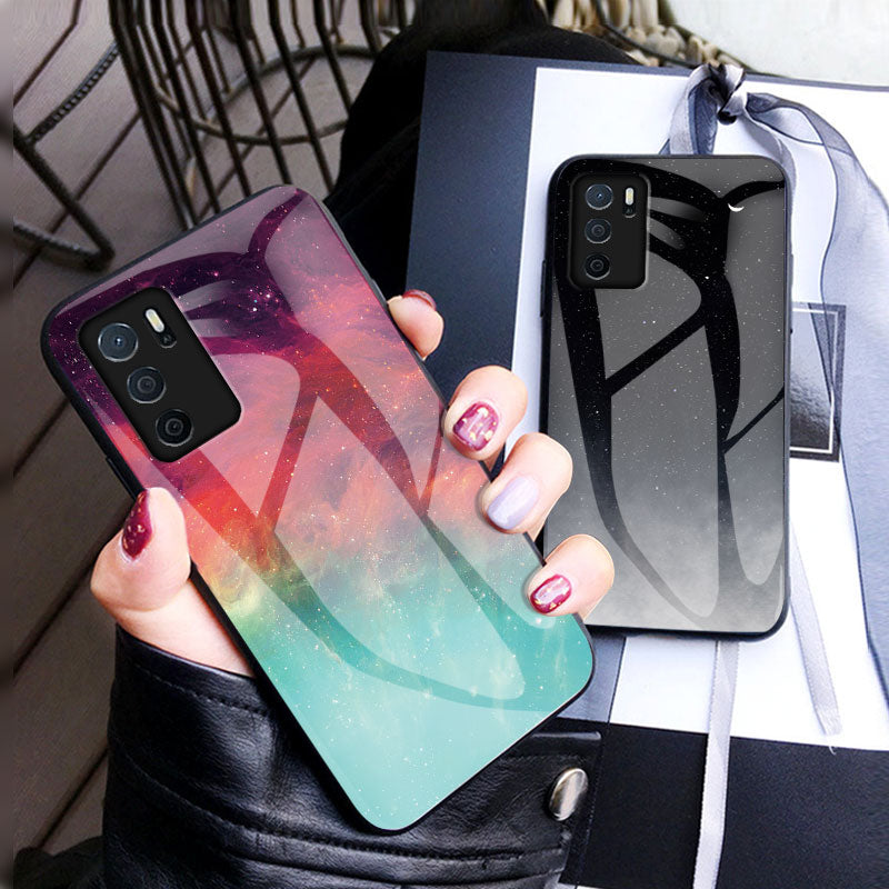 3D Sky Pattern Glitter Shockproof Tempered Glass Mirror Back Cover Protective Case for Oppo A16/A16s/A54s